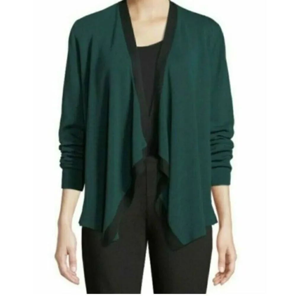 Eileen Fisher Pine Green Black Trim Angled Front Knit Tencel Size Large